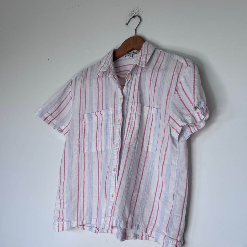 Madewell Striped Pastel Short Sleeve Button Down Cotton Shirt Size XS Red Blue - Picture 4 of 9